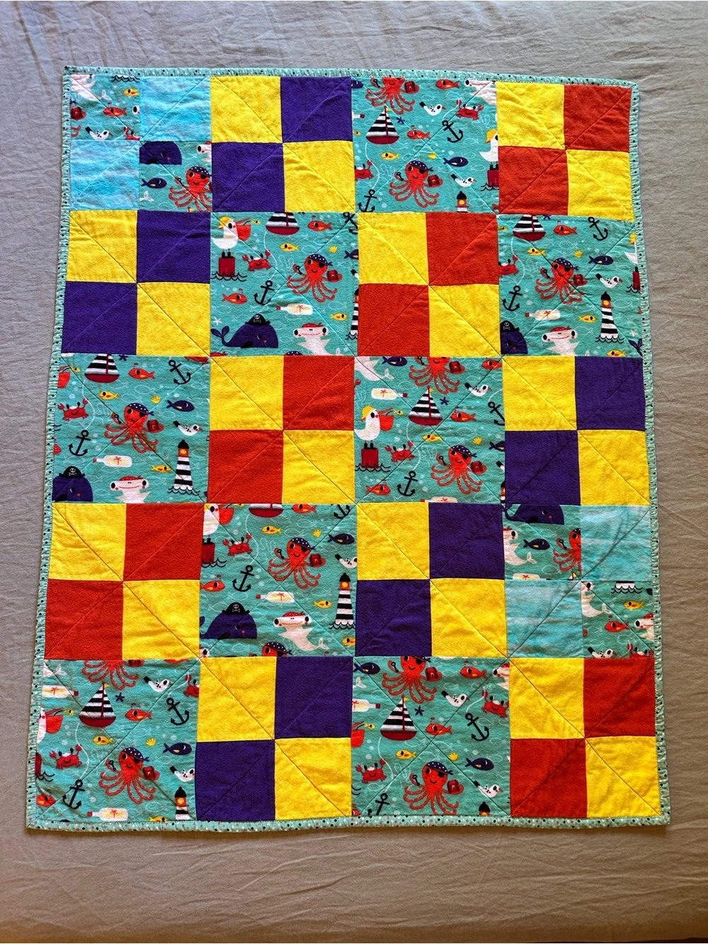 Handmade Ocean Seaside Nautical Octopus Patchwork Quilt Coastal
